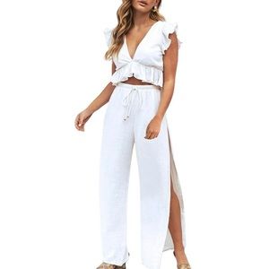 NWT White Crop Top + Slit Pants Matching Set LARGE